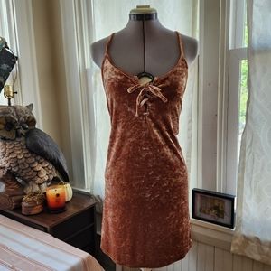 Xxi Large Spaghetti Strap Gold Velvet Front Tie Mini Dress stretchy